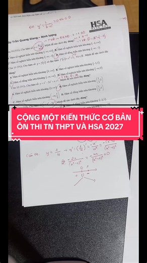Cộng một kiến thức cơ bản về hàm số ôn thi TN THPT và HSA 2027