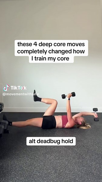 Your core is so much more than crunches. These 4 deep core moves are staples in my routine because they help build strength from the inside out. 🤝 Save this to add to your next workout and follow along for more simple, effective dumbbell workouts you can do at home 🫡 #coreworkout #absworkout #dumbbellworkout