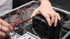 Computer repair technician tightening unscrews screws inside of desktop PC with screwdriver for disassembling heatsink of PC central processor cooling. Concept of service for repair and cleaning PC.