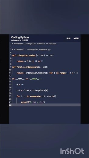 Generate triangular numbers in Python. #python #pythonprogramming #coding #java #javascript #coder
