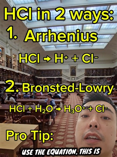 HCl in two ways. If youre using the Arrhenius definition, HCl is an acid because in dissociated in water to hydrogen ions. But if you switch to Brønsted–Lowry, HCl is an acid because it donates a proton to water, forming the hydronium ion. So, Same HCl, but two different definitions. Pro tip: examiners look out for this, so read the Q carefully and use the right definition. #4u #fyp #foryou #chemtutor #hscchemistry