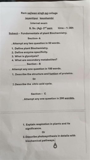 Bsc. agricultural (fundamental of plant Biochemistry ) for all semester important questions