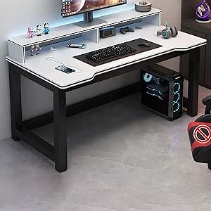 KWOKING Computer Desk with Metal H-Shape Base Cable Management Double Computer Table Desktop Student Desk Study Table Office Desk E-sports Table Beige/ Black Table with Shelf 55.1"L x 23.6"W x 29.5"H
