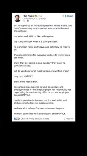CEO Says the West Should Work Sundays “Happily” Like Asia… Internet Said NOPE 😭💀
