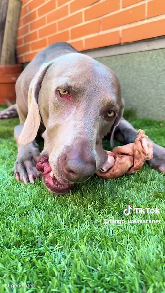 Tango tan feliz tumbado en el patio y con su chuche gigante,aunque ya va quedando menos...tocará volver a hacer un pedido!! #tango🐕 #weimaraner #chuches #bracodeweimar #perrofeliz