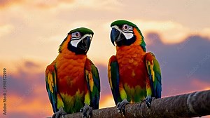 breathtaking 4K macro view two colorful macaws perched crossbar set sunset backdrop vibrant clouds offering perfect closeup these bright majestic bird parrot animal nature tropical macaw