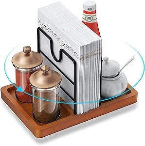 Napkin Holder for Table, 360° Rotating Napkin Holders Metal Dining Napkin Dispenser with Salt and Pepper Shakers Holder, Standing Paper Napkin Storage for Kitchen Dining Table, Brown