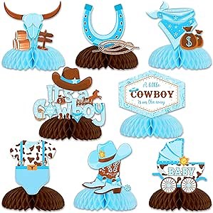 Cowboy Baby Shower Decorations, 8pcs Western a Little Cowboy Is On The Way Honeycomb Centerpieces for Western Theme Table Topper Supplies Wild West Rodeo Theme Table Topper Decorations