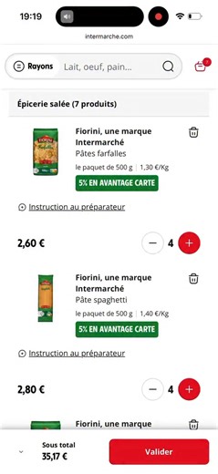 Offre Intermarché : produits 100% remboursés Vous avez de 25 à 35€ de produits (pâtes, rizs, bocaux ou sauces) remboursés en un bon d’achat. L’idéal faire un panier de 35-36€ de produits remboursés avec en plus 5% cagnottable. Ensuite vous pourrez utiliser le bon de 35€ du 14 au 25 janvier pour un drive de 100€. Ici j’ai fais 35,17€ de panier. Entre le 14-25 janvier, je ferais un panier de 100€-35€ de bons reçus par mail = 65,00 € Au final pour 135€ de courses vous payez 100€. C’est pas « énorme