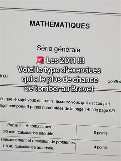 🚨 Les 2011 ! Voici le type d'exercices qui a le plus de chances de tomber au brevet. 💬Écris BREVET en commentaire 🔗Tous les liens sont dans ma bio 🎁 Code promo -50 % 2026AUTO1 (samedi) 2026AUTO2 (dimanche) 🎯 Si tu maîtrises toutes ces notions, tu es prêt pour une très grande partie des exercices qui tombent régulièrement au brevet de maths. ✅ Calcul littéral ✅ Identité remarquable ✅ Nombres premiers ✅ Divisibilité ✅ Vitesse moyenne ✅ Probabilités ✅ Médiane ✅ Pourcentages ✅ Somme des angles