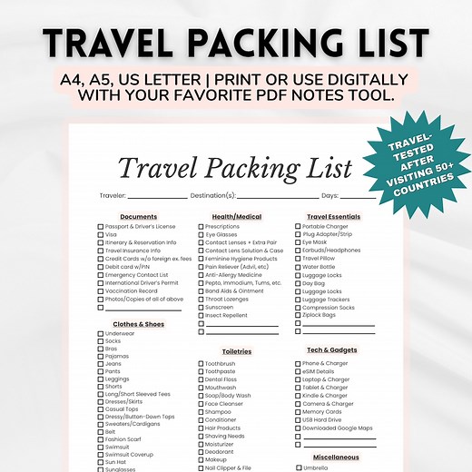 Printable Travel Packing List: Editable Vacation Checklist (PDF Download) - Etsy