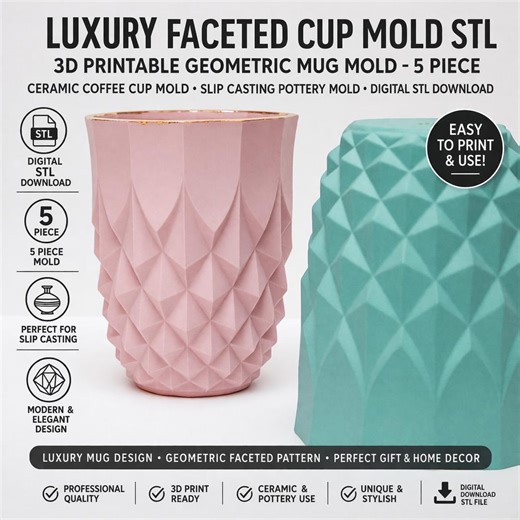 Geometric Faceted Mug Mold STL, 5-Piece 3D Printable Ceramic Cup (Digital Download)