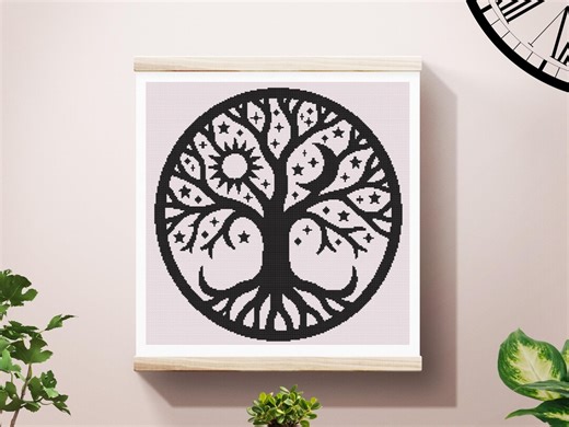 Celestial Tree of Life Cross Stitch Pattern - Sun and Moon Pagan Embroidery Design - Modern Nature Wall Art - Instant Download PDF - Etsy