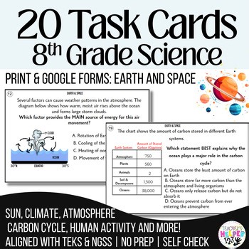 8th Grade Science 20 Review Task Cards | Earth, Space, Carbon Cycle & Climate