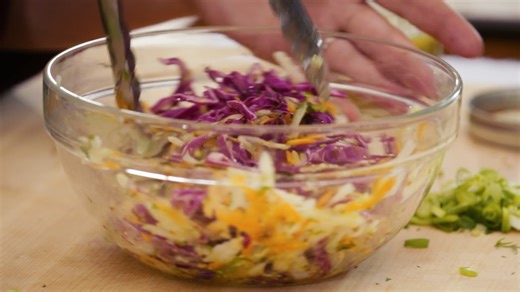 Fresh kohlrabi slaw, the perfect hot dog topping