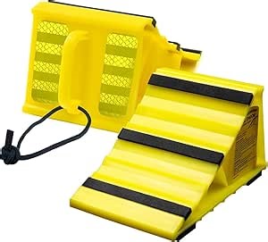 Anti-Slip Wheel Chocks for Cars, RVs, Trucks & Trailers - 4 Pack Tire Chocks for Vehicles - All-Weather Stabilizer Accessory with Easy-Grip Handles & Connector (2-PACK Plastic Chocks, Yellow)