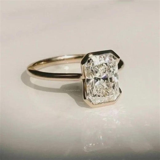 Radiant Cut Lab Grown Diamond Engagement Ring, 14K Solid Gold Half Bezel - Etsy