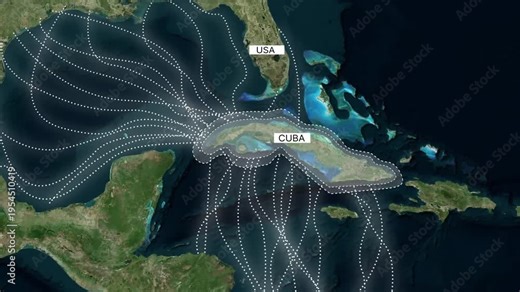 USA and Cuba Map Showing Caribbean Shipping Routes Animation 4K