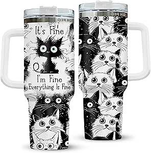 34HD Funny Black Cat 40oz Tumbler with Handle and Straw, Everything Is Fine Stainless Steel Vacuum Insulated Cup, Birthday & Mother's Day Gifts for Pet Lovers, Him Her and Mom