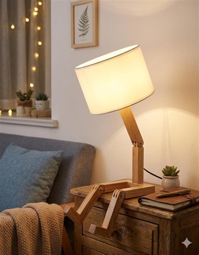 Wooden Robot Table Lamp – Adjustable Posable Figure Desk Light, Scandinavian Style - Etsy
