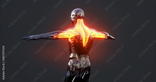 This visual focuses on the anatomy of the human body, highlighting the muscle structure of the upper back with an emphasis on the glowing musculature and its intricate details.