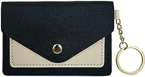 Slim Wallets for Women, Slim Minimalist Wallet Keychain, Leather Snap Front Pocket Wallet with Card Holder (Black)