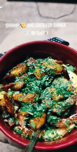 shrimp and grits with andouille sausage and maple bacon for dinner by chef X