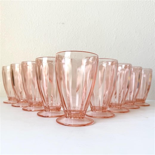9 - Pink Depression Iced Tea Glasses 12 Oz - Pink Panel Footed Drinkware - Vintage Pink Colored Glassware Set - Sparkly! - Etsy