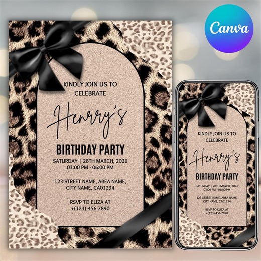 Cheetah Print Birthday Invitation, Digital Coquette Bow Birthday Invite, Bow Bday Party Invite, Digital Download, Canva Editable Template