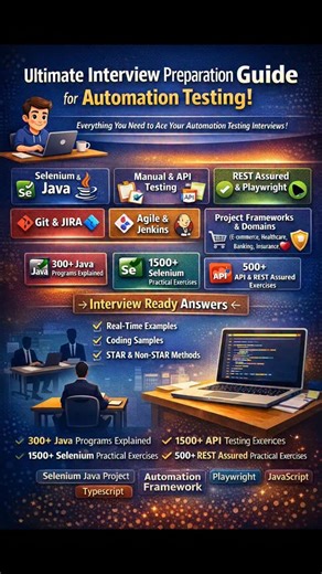 Selenium | Java | Manual Testing| Api(Postman) | Rest Assured on Instagram: "Selenium/Java / Manual Testing/ Jenkins/ Git / Agile / Jira / Project Questions/ Scenarios Based Questions/Framework Explanation Questions/ Interview spoken Answers/2000+ Selenium Practical Exercises/300+ Java Programs explanation in Detail with Logic/500+ Api Testing Practical Exercises/ 500+ Rest Assured Practical Exercises #automationtesting #selenium #java #softwaretester #testautomation"