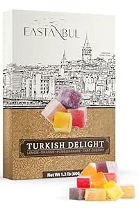 Eastanbul Turkish Delight Candy 21.2oz, 4 Flavors Pomegranate, Orange, Tart Cherry & Lemon Turkish Delights Assorted, Foreign Candy of Turkish Lokum, Turkish Delight Plain, International Candy Box