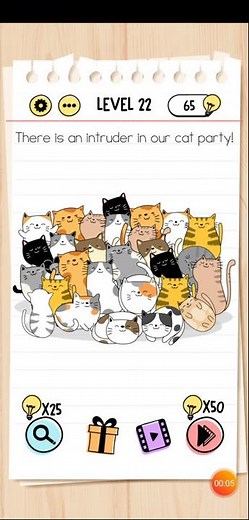 Brain Test level 22 There is an intruder in our cat party! Walkthrough