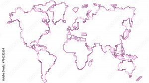 Animated magenta world map from point pattern. Linear symbol is gradually drawn. Concept of travel, global, internet. Vector illustration isolated on white background.
