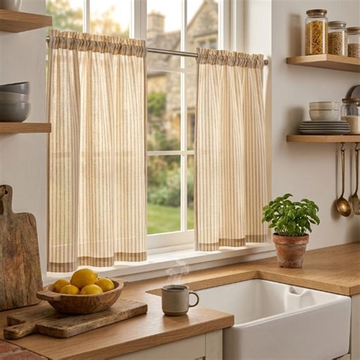 Linen Look Striped Kitchen Curtains, Nordic Cafe Curtains Set of 2, Light Filtering Small Window Panels, Modern Farmhouse Decor - Etsy