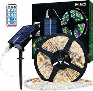 UT Solar LED Strip Lights Outdoor, 16.4ft 280 LEDs LED Strip IP67 Waterproof, Warm White LED Lights with Remote Solar Panel Control Box, 2835 SMD Rope Lights for Garden Trees Christmas Party Decor