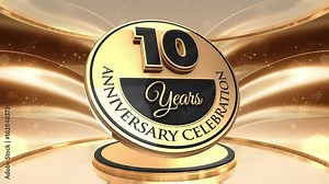 10 years, 10th anniversary logo loop, looped video background, backdrop in 3D Gold