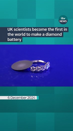 UK scientists have created an everlasting battery in a diamond. Scientists have succeeded in creating the world's first Carbon 14 diamond battery - a small nuclear reaction and contained in a diamond, creating an energy source that will last way longer than any human lifespan. #itvnews