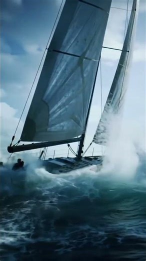 “A sailboat races full speed through raging seas, sails whipping in fierce wind.”
