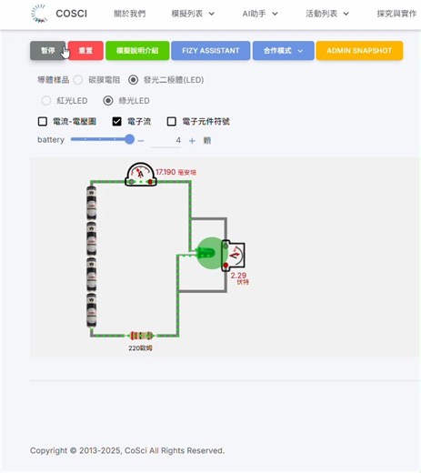 歐姆定律實驗，導體樣品「🚨發光二極體」在實體實驗中，若學生誤調高電壓⚡，會讓LED直接燒壞💥，為了協助老師們解釋非歐姆導體的特性，CoSci 團隊開發了相關模擬工具供教師使用。 《CoSci團隊模擬開發》 ●模擬名稱：【導體類型與歐姆定律(新)】 此程式模擬不同型態的導體，在外加電壓下，量測流經該導體的電流與導體兩端的電壓，來探討導體的電阻變化與類型。使用者可以設定導體樣品，當設定為碳膜電阻時，可選擇三個不同電阻值的碳膜電阻進行電流與電壓的量測；若樣品設定為發光二極體(LED)，則可以選擇紅光或綠光LED作為量測對象，由於一般的LED的操作電流較低，使用時會串接一個220 歐姆來限制迴路中的電流。 當然，老師們要把實體實驗和模擬實驗相比，更好👌🏻 🫱模擬操作: (1) 設定導體樣品 (2) 請使用滑鼠拖曳模擬畫面左方的電池放置到迴路中，逐次增加電池數(外加電壓)並記錄導體元件兩端的電壓與電流，以探究元件的電流與電壓關係與電阻變化。 (3) 完成紀錄後請按"重置"鈕終止模擬。 ------------- 導體樣品: "碳膜電阻" 或 "發光二極體(LED)" ---------