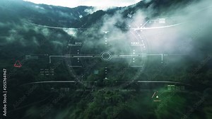 Aerial view from the fighter plane's cockpit flying over the low cloud cover mountain scape with head up display acquire targets and enemies location hidden in the dense mountain forest