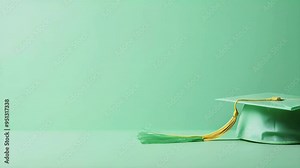 A green graduation cap with a yellow tassel on a matching background.