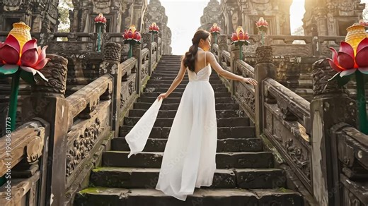 Rear view of elegant woman in white dress walking up stone stairs of Khai Dinh Tomb in Hue Vietnam with dragon railings and lotus decorations at sunset