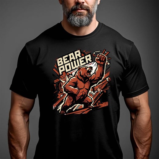 Bear Power Graphic Tee, Vintage Illustration, Muscular Design, Wildlife Strength - Etsy