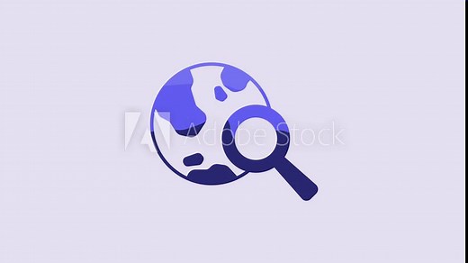 Blue Magnifying glass with globe icon isolated on purple background. Analyzing the world. Global search sign. 4K Video motion graphic animation