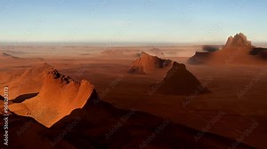 A panoramic view of Mars with its rustcolored landscape stretching out to the horizon and rocky formations dotting the surface.