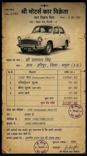 1980 का Original Ambassador Car Bill |Vintage India 🇮🇳 #ytshorts #facts #oldcars