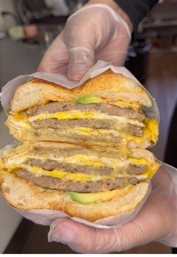 This Breakfast Sandwich was amazing. Sausage, Egg, Cheese, Hash Brown, Avocado, & Homemade Sauce #breakfastsandwich #deli #nj #food #sandwhich