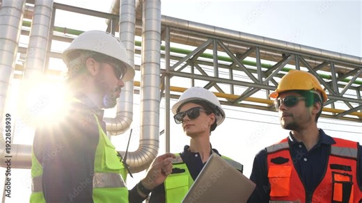 Specialized petroleum engineers evaluating hydrocarbon pipeline infrastructure. Industrial experts conducting facility diagnostics at petrochemical installation.