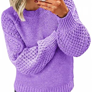 Manxivoo Winter Sweaters for Women, Women's Autumn and Winter New Casual Thickened and Warm Solid Color External Knitted Pullover Sweater Plus Size Sweaters for Curvy Women Purple L