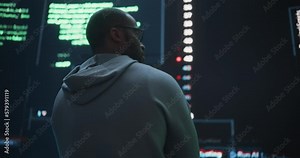 Portrait of Worried Professional Programmer Fixing a Bug, Dealing with Crashing System. Young Black Man Looking at Big Digital Screens Glitching While Displaying Code Lines, Thinking of Solutions